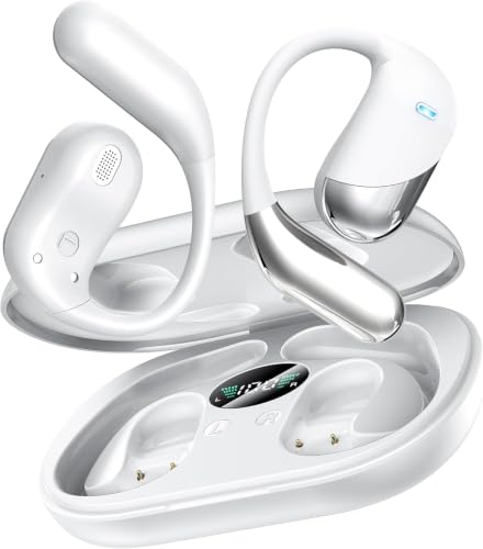 Ultra Open Ear Headphones, Over Ear Bluetooth Bone Conduction Earbuds | Bluetooth 6.1, LED Digital Display, 60H Playtime, IP55 Waterproof, Secure Earhooks for Running, Cycling & Workout - color: Pearl white