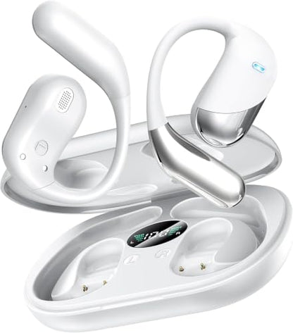 Ultra Open Ear Headphones, Over Ear Bluetooth Bone Conduction Earbuds | Bluetooth 6.1, LED Digital Display, 60H Playtime, IP55 Waterproof, Secure Earhooks for Running, Cycling & Workout - color: Pearl white