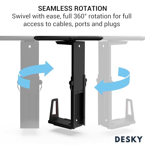 Desky Sliding CPU Mount – Under Desk Adjustable PC Holder with 360° Swivel & Slide Track, Fits Most Towers, Space-Saving Steel Bracket with Padding for Office or Gaming Setup – Black