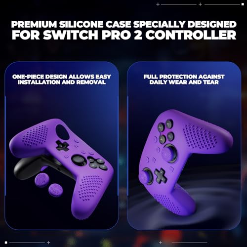 PlayVital Silicone Cover Skin for Nintendo Switch 2 Pro Controller – 3D Studded Edition Anti-Slip Grip Protector Case for Switch 2 Pro with Back Button Cap, Thumb Grips & Sticker - Purple - color: Purple