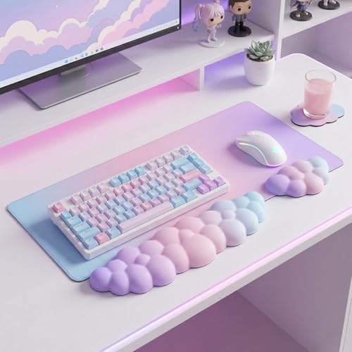 Cloud Mouse Pad Keyboard Wrist Rest 4PCS Extended Large Pink Sky Desk Mat Pad Set Memory Foam Non-Slip Cute Ergonomic Gaming Mouse Pad Wrist Support for Computer Laptop Home Office Pink Purple - color: 4pcs Pink Purple