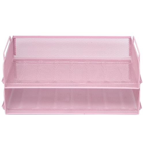 EASEPRES 2 Pack Stackable Desk Paper Tray, Metal Mesh Desktop Document Letter File Organizer for Office Home School, 13.5'' L x 9.75'' W x 5.5'' H, Pink - color: 2 Pack Pink