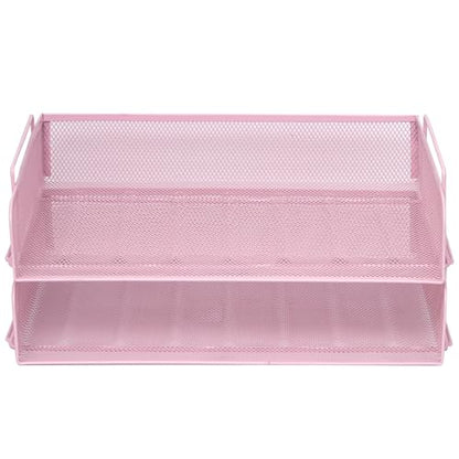 EASEPRES 2 Pack Stackable Desk Paper Tray, Metal Mesh Desktop Document Letter File Organizer for Office Home School, 13.5'' L x 9.75'' W x 5.5'' H, Pink - color: 2 Pack Pink