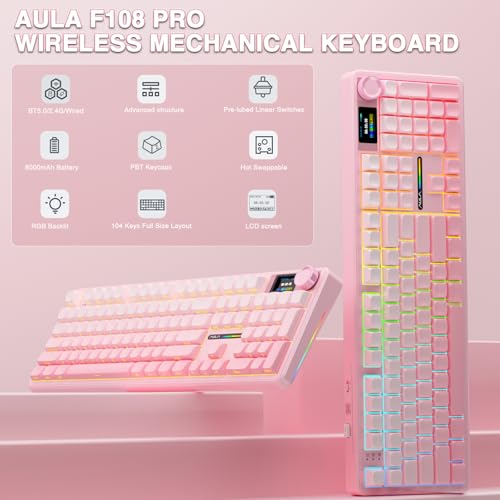 AULA F108 PRO - Wireless Mechanical Keyboard with Screen & Knob,Full Size Keyboard with 8000mAh Battery,Pre-lubed Switches,Side Printed PBT Keycaps,RGB Backlit Hot Swappable Custom Pink Keyboards - color: Pink
