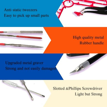 Gundam Model Tools Kit, 34pcs Hobby Tool Set, Pliers, Separator, Files, Screwdriver, Tweezers, Polishing Strip, Graver, Blades for Buildings, Gundam, Robots Models Minature