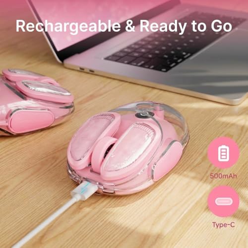 SEUNKWANG Q9 Transparent Wireless Mouse with RGB Lighting, Compact Multi-Device Bluetooth & 2.4G Computer Mouse, Rechargeable, Quiet Clicks, 4800 DPI Cute Mice for Laptop, PC, Mac, iPad - Pink - color: Pink