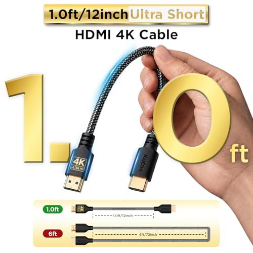 PowerBear 4K HDMI Cable 1 ft | Short Hdmi Cable, Braided Nylon & Gold Connectors, 4K @ 60Hz, Ultra HD, 2K, 1080P, ARC & CL3 Rated | for Laptop, Monitor, PS5, PS4, Xbox One, Fire TV, Apple TV & More - size: 1ft