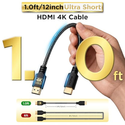 PowerBear 4K HDMI Cable 1 ft | Short Hdmi Cable, Braided Nylon & Gold Connectors, 4K @ 60Hz, Ultra HD, 2K, 1080P, ARC & CL3 Rated | for Laptop, Monitor, PS5, PS4, Xbox One, Fire TV, Apple TV & More - size: 1ft