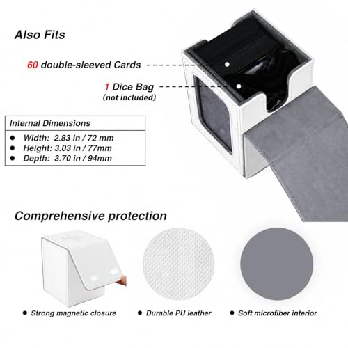 MTG Deck Box with Commander Display Window (White&Grey, 1 window) | Holds 120 Single/100 Double-Sleeved Cards, Fit MTG/PTCG/OPTCG Cards, Strong Magnet, PU Leather, With 2 Dividers & 1 Toploader - color: White and Grey