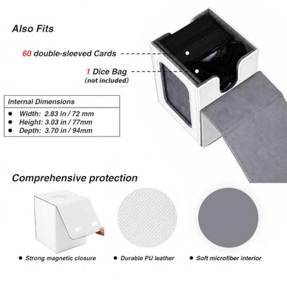 MTG Deck Box with Commander Display Window (White&Grey, 1 window) | Holds 120 Single/100 Double-Sleeved Cards, Fit MTG/PTCG/OPTCG Cards, Strong Magnet, PU Leather, With 2 Dividers & 1 Toploader - color: White and Grey