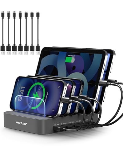 MSTJRY Charging Station for Multiple Devices : 5 Port Multi USB-A Charger Stations Multi-Device Organizer Charging Dock Designed for iPhone iPad Cell Phone Tablets (7 Short Cables Included), Gray - color: gray
