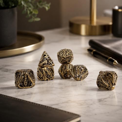 Metal Dice Set for DND - 7pcs with Gift Box, Perfect D&D Gift (Openwork Skull) - color: Openwork Skull