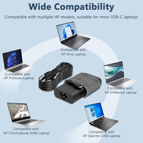 Slim 65W USB C Laptop Charger Compatible with Hp Envy/EliteBook | for HP Spectre X360, Envy, Chromebook, EliteBook X360, Elite X2 - color: BLACK_B