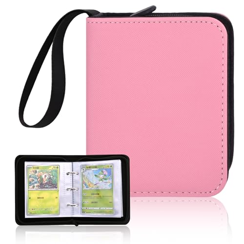 1 Pocket Pink Mini Pokemon Binder,Card Album with Removable Sleeves for 80 Cards in 2.7X 3.5'',Collection Binder with Zipper,3 Ring Trading Collection Album for MTG TCG Pokemon Sport Cards(Pink) - color: Pink, size: 1 Pocket 80