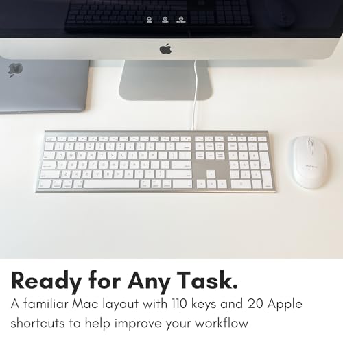 Macally Ultra Slim USB Wired Computer Keyboard - Compatible Apple Keyboard or Windows - Full Size with 20 Mac Keyboard Keys -with Numeric Keypad - Silver Aluminum Finish - color: Silver