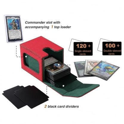 MTG Deck Box with Commander Display, Fits TCG Cards (Red&Green) | Holds 120 Single/100 Double-Sleeved Cards, Fit MTG/PTCG/OPTCG Cards, Strong Magnet, PU Leather, With 2 Dividers & 1 Toploader - color: Red and Green