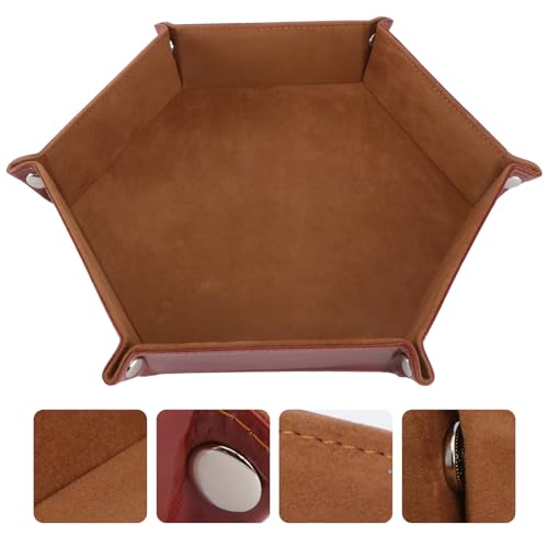 TOYANDONA Hexagon Pu Leather Dice Tray Foldable Dice Storage Box Brown Felt Lined for Tabletop RPG Board Games