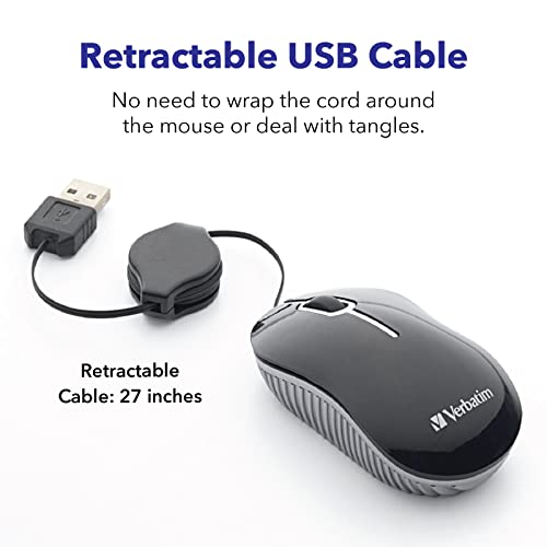 Verbatim Wired Optical Computer Mini USB-A Mouse - Plug & Play Corded Small Travel Mouse with Retractable Cable – Black 98113 - color: BLACK