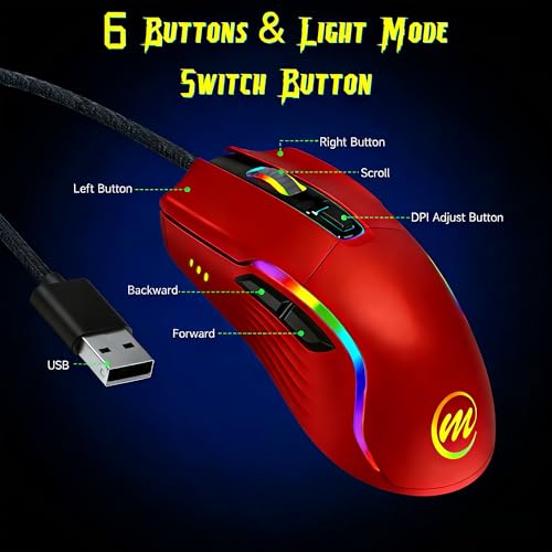 memzuoix Wired Gaming Mouse with RGB - 6 Adjustable DPI up to 12800, 6 Buttons, 12 Lighting Modes, Ergonomic Design with Anti-Slip Rubber Wheel, 5.6ft Braided Cable for PC/Mac/Windows - Red - color: red