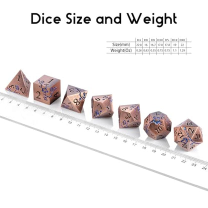 DNDND Metal Dice, 7 PCS Heavy Solid Metallic Flower DND Dice Set with Gorgeous Gift Case for D&D Dungeons and Dragon Tabletop Game (Ancient Copper) - color: Flower Copper
