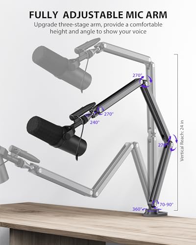 KU XIU Aluminum Alloy Boom Arm Microphone Stand for Desk, Three-Section Adjustable Mic Arm Mount with Cable Management Channels for Desktop Podcasting, Recording, Streaming, Gaming, Home Office-Gray