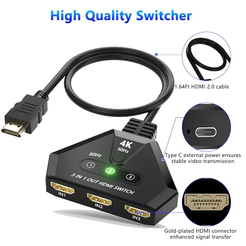 HDMI Switch 3 in 1 Out, 4K@60Hz HDMI Switcher with Gold Plated Ports, Plug & Play, Supports Full HD 1080P 3D Compatible with Roku TV Stick HDTV PS4/PS5 Xbox, Ideal for Home Theater, Gaming, Streaming