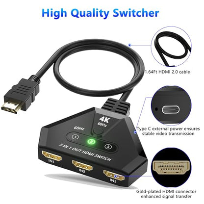 HDMI Switch 3 in 1 Out, 4K@60Hz HDMI Switcher with Gold Plated Ports, Plug & Play, Supports Full HD 1080P 3D Compatible with Roku TV Stick HDTV PS4/PS5 Xbox, Ideal for Home Theater, Gaming, Streaming