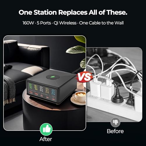 160W Desktop Charger Station with Wireless Charging Pad & Per-Port Display | Powers Multiple Devices at Once: PD 3.0 65W USB-C for MacBook, QC 3.0 for Phones, 15W Qi for iPhone, Pixel, Samsung, iPad
