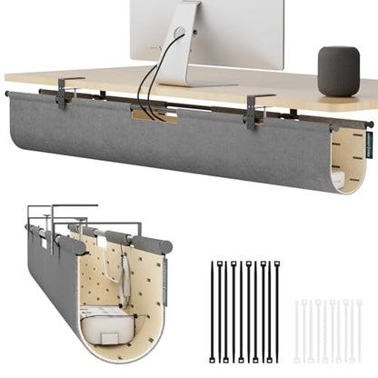 No Drill Under Desk Cable Management Tray, 45.2" Felt Cord Organizer | Clamp/Screw Mount Desk Cable Management, As Standing Desk Privacy Panel, Desk Wire Management for Office, Home