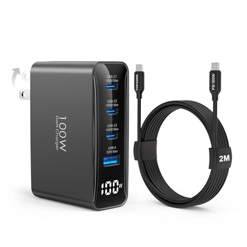 TOPADRE 100W USB C Charger Fast Charger with 2M 100W Cable, 4-Port GaN III PD C harger, HD Display, Foldable Plug, FCC UL Certified, for iPhone, iPad, Galaxy S24, MacBook, Dell and More, Black - color: Black, size: 100W-2M cable
