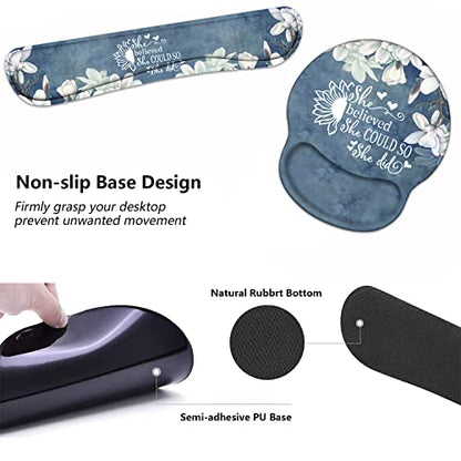Keyboard Wrist Rest and Mouse Pad Wrist Support Set with Coasters, Inspirational Quote She Believed She Could So She Did Wrist Support Mouse Pad with Non-Slip PU Base for Computer Laptop Home Office