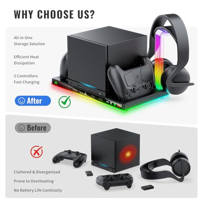 Stand and Cooling Station with RGB Lighting,Controller Charging Station Compatible with Steam Machine, Headset Holders