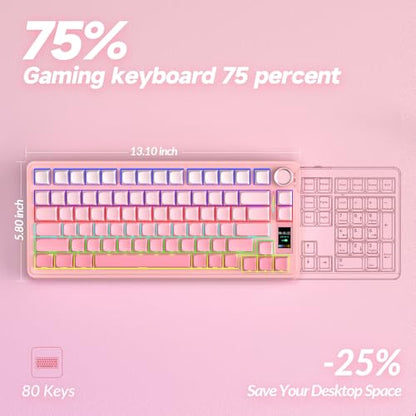AULA S75 PRO Wireless Mechanical Keyboard with Screen&Knob, Tri-Mode Hot Swappable Gaming Keyboard 75%, Pre-lubed Switches, RGB Backlit, Side Printed PBT Keycaps, Creamy Sounding Pink Keyboards - color: Gradient Pink