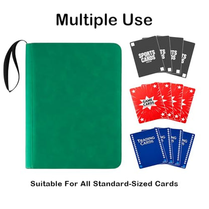 Prilino Ringless Trading Card Binder, 9 Pocket, 432 Storage Capacity, Green | Premium Double-Sided PU Leather & Side Load Design, Smooth Page Turning, Tight Zip Closure, Conveniently Fits Sleeved Cards - color: Green