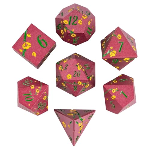 UDIXI Red Metal Dice Set D&D, 7PCS Flower Solid Metal DND Dice Set for RPG | Yellow Flower, Metal Case Packaging, Heavy Metal Dice, D&D Gift, for Dungeons and Dragons Role Playing Games Tabletop Games - color: Flower/Redgreen