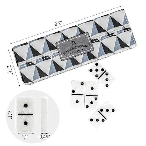 Dominos Set for Adults, Double 6 Domino Set, 28 Jumbo Marbleized White Tiles, Dominoes Set for Adults and Kids - Classic Board Games for Family & Travel (in Rhomb Pattern Leather Case) - color: White