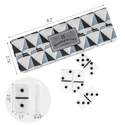 Dominos Set for Adults, Double 6 Domino Set, 28 Jumbo Marbleized White Tiles, Dominoes Set for Adults and Kids - Classic Board Games for Family & Travel (in Rhomb Pattern Leather Case) - color: White