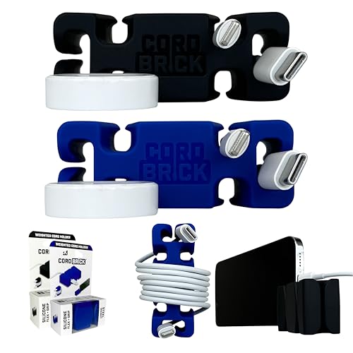 2PK Silicone + Steel Weighted Cord Holders for Nighstand, Cable Wraps for Travel, iPhone Accessories, Small Graduation Gifts for College Students, Guys, Men. Black/Blue - color: (E) Blue, size: Black and