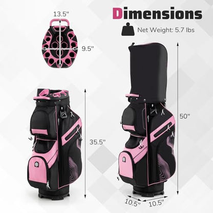 Goplus Lightweight Golf Cart Bag, Molded Lock Top Golf Club Bag w/14-Way Full Length Organizer Dividers, 11 Pockets, Cooler Bag, Straps, Umbrella Holder & Rain Hood for Men Women - color: Black+Pink