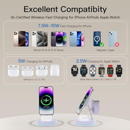 【Adjustable Blue Ambient Light】 Wireless Charger 3 in 1 for iPhone, Magnetic Charging Station for Apple Family,15W Fast MagSafe Charger Stand,for iPhone17-12-iWatch AirPods Series - color: Purple