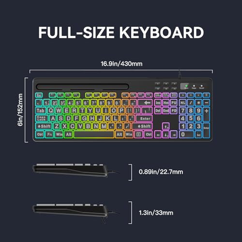 MARVO Large Print Backlit Keyboard, WK712 Wired Computer Keyboards with 7 Colors & 11 Modes Backlight, Tablet Phone Holder and Quiet Light Up Keys, Full-Size Gaming Keyboard for Windows, Mac