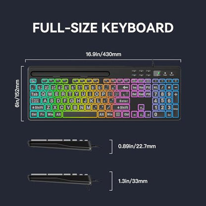MARVO Large Print Backlit Keyboard, WK712 Wired Computer Keyboards with 7 Colors & 11 Modes Backlight, Tablet Phone Holder and Quiet Light Up Keys, Full-Size Gaming Keyboard for Windows, Mac