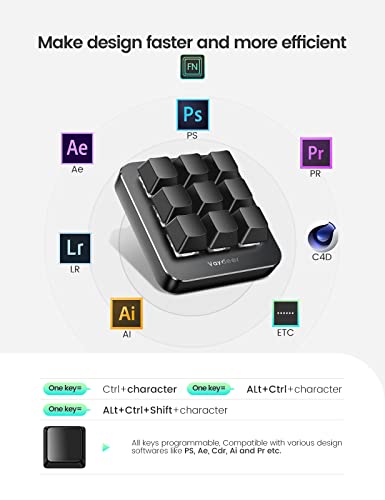 Vaydeer One-Handed Mechanical Keyboard Support NKRO, Hotkeys, One-Click Start,9 Fully Programmable Keys with Floating Window and Macro Multifunctional Keypad for iOS,Windows, Gift Idea for Him/Her