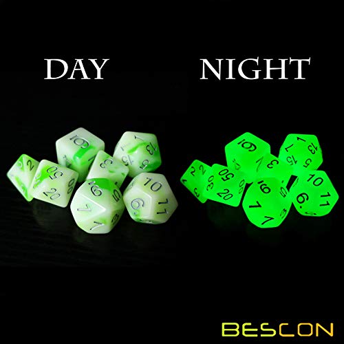 Bescon Glowing Polyhedral RPG Dice Set Luminous Jade, Bescon Glow in Dark Poly Dice Set of 7, DND Role Playing Game Dice - color: Luminous Jade