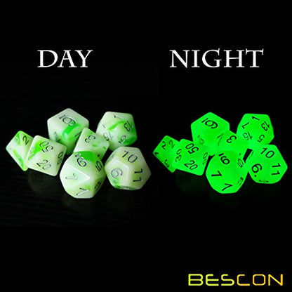 Bescon Glowing Polyhedral RPG Dice Set Luminous Jade, Bescon Glow in Dark Poly Dice Set of 7, DND Role Playing Game Dice - color: Luminous Jade