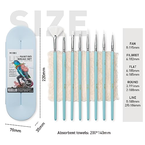 HIMI Paint Brushes Set 8 Pcs for Acrylic Oil Gouache Paint，2 Flat & 2 Round & 2 Liner &1 Filbret &1 Fan, 8pcs Brushs, Interesting Designed Nice Gift for Art hobbyist Beginners Artists (Blue,8 Pcs) - color: 8pcs-blue