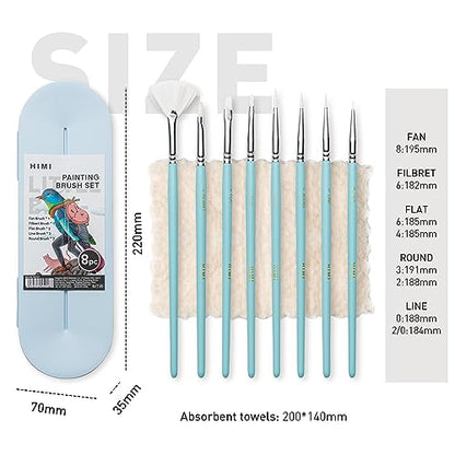 HIMI Paint Brushes Set 8 Pcs for Acrylic Oil Gouache Paint，2 Flat & 2 Round & 2 Liner &1 Filbret &1 Fan, 8pcs Brushs, Interesting Designed Nice Gift for Art hobbyist Beginners Artists (Blue,8 Pcs) - color: 8pcs-blue