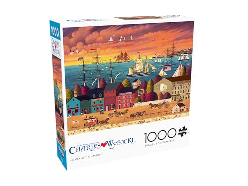 Buffalo Games - Charles Wysocki Hoopla at the Harbor - 1000 Piece Puzzle | Art by Charles Wysocki, Frameable Art, Made in USA, Recycled Board, Includes Poster, Challenging, intermediate to expert - color: Hoopla Harbor