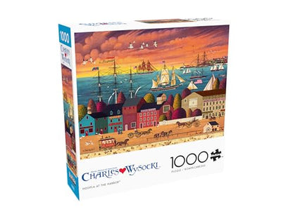 Buffalo Games - Charles Wysocki Hoopla at the Harbor - 1000 Piece Puzzle | Art by Charles Wysocki, Frameable Art, Made in USA, Recycled Board, Includes Poster, Challenging, intermediate to expert - color: Hoopla Harbor
