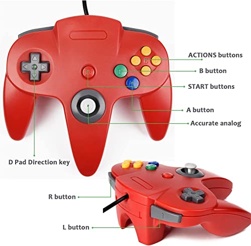 KIWITATA 2 Pack Classic N64 USB Controller, Retro N64 Wired Remote PC Emulator Game Controller Joystick for Windows PC & Mac Raspberry Pi Red - color: Red